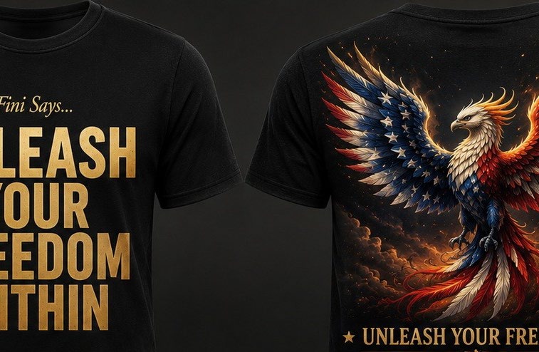 Tour merchandise: black shirts reading Unleash Your Freedom Within with a phoenix design