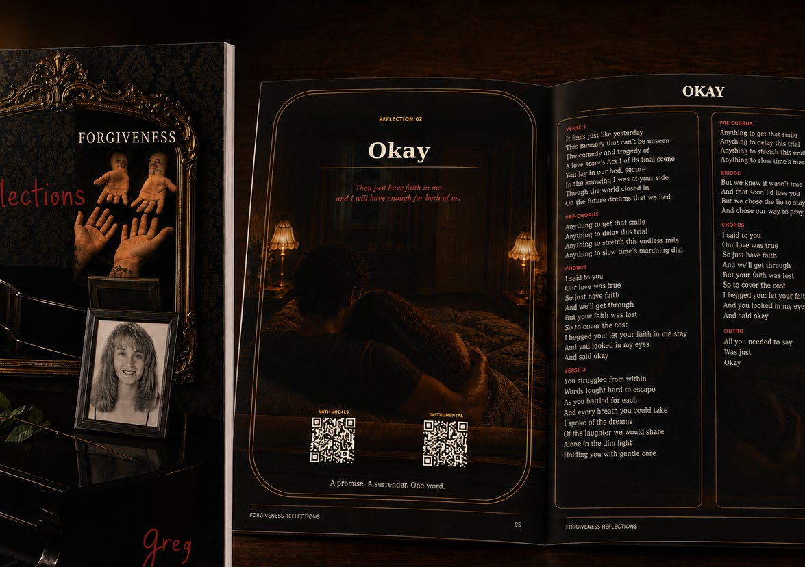 An open songbook spread showing the lyrics and reflection for the song Okay